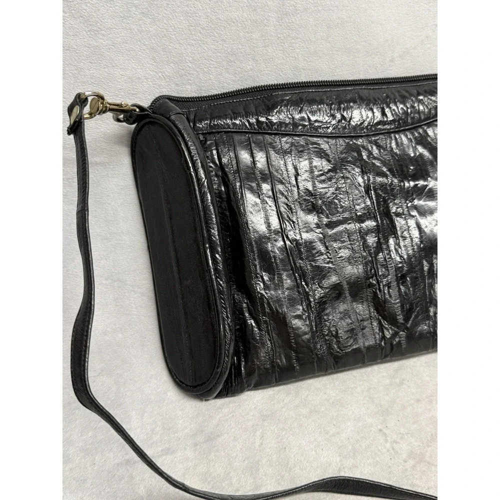 Sam Jin Eel‎ Skin Leather Crossbody Bag Purse Womens Black Convertible Clutch